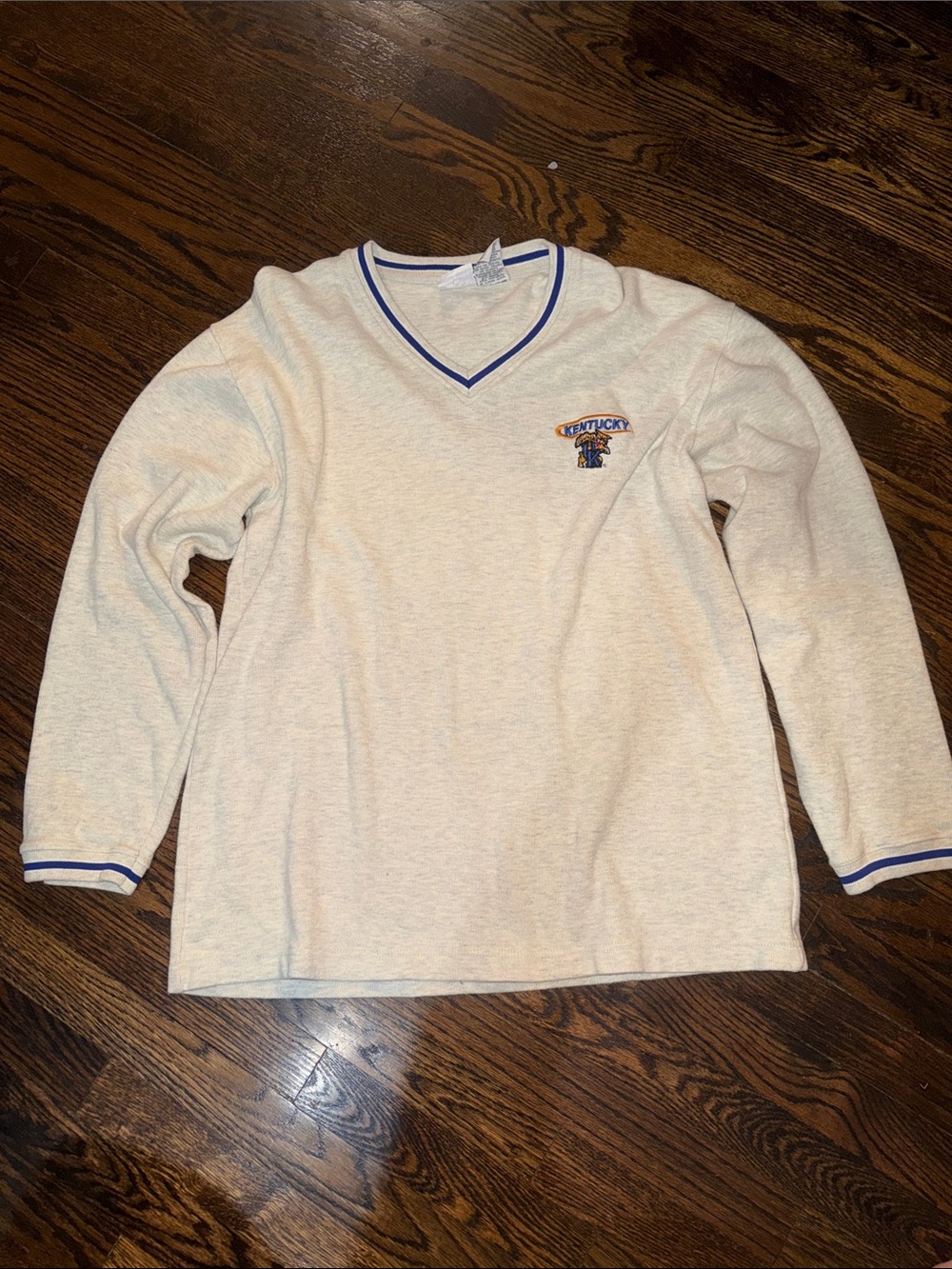 VTG 90s University of Kentucky Wildcats V-Neck Sweatshirt Pro Edge Large Cream